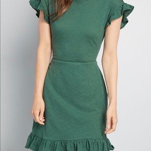 ModCloth Green Tie Waist Ruffle-Hem A-Line Dress